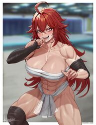  abs absurdres ahoge bare_shoulders black_gloves blurry blurry_background blush breasts cleavage collarbone cowboy_shot crossed_bangs elbow_gloves elbow_sleeve english_commentary fangs female fingerless_gloves fundoshi gloves goddess_of_victory:_nikke hair_between_eyes heart heart-shaped_pupils highres japanese_clothes large_breasts long_hair looking_at_viewer muscular muscular_female naked_sarashi navel nihilister_(nikke) open_mouth red_eyes red_hair saliva sarashi sidelocks signature single_elbow_glove single_fingerless_glove sivarkart solo standing stomach symbol-shaped_pupils teeth web_address 