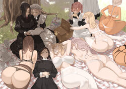  6+girls adjusting_bra adjusting_clothes all_fours apron ass black_bra black_dress black_hair black_panties black_thighhighs blonde_hair book bra braid bread breast_envy brown_hair closed_eyes covered_navel cup dark-skinned_female dark_skin dress eating edea_(throtem) elliot_(throtem) food frilled_apron frills grass grey_hair hat highres holding holding_book kana_(throtem) lily_(throtem) long_hair long_sleeves lying maid maid_apron martha_(throtem) mob_cap multiple_girls nora_(throtem) on_back on_stomach one_eye_closed original outdoors panties pantyhose picnic_basket picnic_blanket plate purple_hair reading red_hair rosemary_(throtem) single_braid sitting sleeping standing teacup teapot thighhighs thong throtem tiana_(throtem) tree twintails underwear white_bra white_hat white_panties white_pantyhose white_thighhighs yuri_(throtem) 