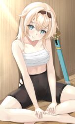  bike_shorts black_shorts blonde_hair blue_eyes breasts chest_sarashi closed_mouth commentary_request covered_navel crossed_bangs female hair_between_eyes hair_down high-waist_shorts highres hololive indian_style indoors katana kazama_iroha kazama_iroha_(1st_costume) long_hair looking_at_viewer sarashi shorts sidelighting sitting smile solo sword tonton_utaro virtual_youtuber weapon 