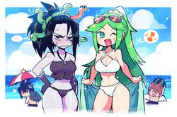  2021 2boys 2girls angel angel_wings beach big_breasts bikini black_hair breasts brown_hair cleavage crap-man dark_pit female female_focus goddess green_hair kid_icarus kid_icarus_uprising long_hair looking_at_viewer male medusa_(kid_icarus) nintendo palutena pit short_hair swimsuit wings 