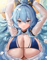  absurdres arms_up bikini blue_bikini blue_hair blush breasts cleavage commentary_request female flower goddess_of_victory:_nikke hair_between_eyes hair_intakes hair_spread_out helm_(aqua_marine)_(nikke) helm_(nikke) highres large_breasts long_hair lying official_alternate_costume on_back partially_unbuttoned rose see-through see-through_shirt shirt solo somyo_(s0my0) swimsuit upper_body v-shaped_eyebrows very_long_hair wet wet_clothes wet_shirt white_flower white_petals white_rose white_shirt 