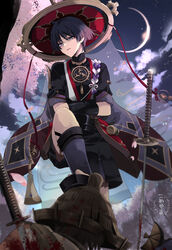  3boys absurdres blood blood_on_weapon cherry_blossoms commentary_request corpse crescent_moon falling_petals from_below frown genshin_impact hat highres jingasa katana komesiwo_syumi looking_at_viewer looking_down male_focus mitsudomoe_(shape) moon multiple_boys nobushi_(genshin_impact) off_shoulder petals purple_hair ringed_eyes sandals scaramouche_(genshin_impact) straw_hat sword tomoe_(symbol) tree veil watermark weapon 