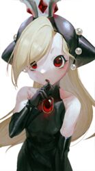  bare_shoulders black_gloves blonde_hair bracelet crown elbow_gloves female gloves highres jewelry long_hair looking_at_viewer mario_(series) mario_power_tennis mario_tennis open_mouth red_eyes simple_background slit_pupils solo spiked_bracelet spikes warupeach white_background x_hikari_x 