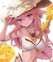  adjusting_clothes adjusting_headwear alternate_costume animal_ears armpits bikini breasts clenched_teeth collarbone criss-cross_halter cup female floppy_ears fox_ears genshin_impact hair_between_eyes halterneck hand_up hat highres holding holding_cup large_breasts layered_bikini lemon_juice linea_alba long_hair looking_at_viewer low-tied_long_hair navel nightbawnana open_mouth pink_hair purple_eyes sidelocks solo stomach straw_hat swimsuit teeth twitter_username upper_body water wet white_background white_bikini yae_miko 