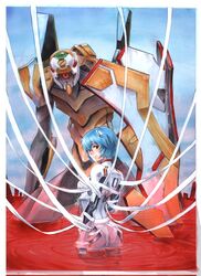  ass ayanami_rei blue_hair bodysuit breasts building commentary eva_00 evangelion:_1.0_you_are_(not)_alone evangelion_(mecha) female hashtag-only_commentary highres holding holding_shield interface_headset looking_at_viewer mecha medium_breasts neon_genesis_evangelion one-eyed pilot_suit plugsuit rebuild_of_evangelion red_eyes red_ocean robot rodrigo_yoshimiya ruins science_fiction shield shield_of_virtue_(evangelion) short_hair solo wading white_bodysuit 