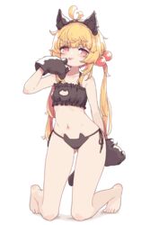  absurdres animal_ears aoi_tori arm_behind_back bare_legs barefoot blonde_hair blush blush_stickers bra breasts brown_bra brown_panties cat_cutout cat_ear_panties cat_lingerie chieri-chan_(aoi_tori) cleavage cleavage_cutout clothing_cutout commentary fake_animal_ears female full_body hand_up highres kneeling long_hair looking_at_viewer meme_attire navel orange_eyes original panties simple_background solo stomach tail toes tongue tongue_out twintails underwear white_background 