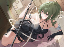  absurdres alternate_hairstyle armpits bare_shoulders black_dress black_gloves blurry blush bokeh closed_mouth collarbone commentary day depth_of_field dress drum_(container) female gloves green_hair hair_between_eyes highres holding holding_polearm holding_weapon kind1516 looking_at_viewer lying magic on_bed on_side photo_(object) picture_frame pleated_dress polearm ponytail purple_eyes single_glove sleeveless sleeveless_dress smile solo sorganeil sousou_no_frieren thigh_strap thighs ubel_(sousou_no_frieren) wardrobe weapon 