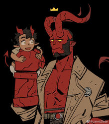  2boys aged_down all_saints_street alternate_horns bald_spot bara black_hair blank_eyes carrying carrying_person chinese_commentary coat colored_skin commentary_request cowboy_shot crossover curled_horns demon_boy floating_crown frown hellboy hellboy_(comic) highres horns jarvisdean large_hands large_horns lolicon male_focus mature_male multiple_boys muscular muscular_male mutton_chops nick_holt pectoral_cleavage pectorals red_skin short_hair trait_connection yellow_eyes 