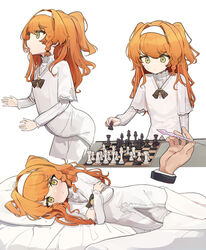  bed_sheet blush braid chessboard crossed_arms disembodied_hand dress female hair_intakes hairband head_on_pillow holding_chess_piece layered_sleeves long_hair long_sleeves looking_at_viewer lying multiple_views on_side orange_hair paid_reward_available pkpkpppk playing_chess reverse:1999 short_over_long_sleeves short_sleeves simple_background single_braid sonetto_(reverse:1999) tongue tongue_out white_background white_dress white_hairband yellow_eyes 