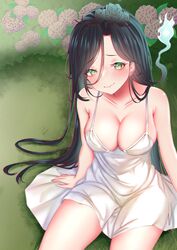  algorhythm_project bare_legs black_hair breasts commission dress evalia_(algorhythm_project) female green_eyes green_hair highres hitodama jewelry long_hair medium_breasts multicolored_hair naimeow second-party_source smile solo thai_commentary very_long_hair virtual_youtuber white_dress 