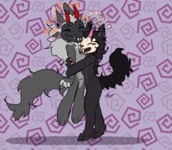  2_horns 4_ears ambiguous_gender anthro axxel_(axxelroze) axxelroze black_body black_fur chibi duo ear_piercing fur glitch grey_body grey_fur happy heart_symbol hi_res horn hug joyful mallikathesatanist multi_ear piercing tongue tongue_out 