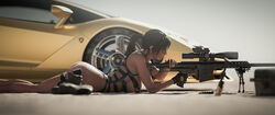  1girls 3d ass aviator_sunglasses big_ass big_breasts big_butt brown-tinted_eyewear brown_hair car casual clothed clothing dat_ass feet female female_focus female_only firearm gun high_resolution highres human kisxsfm lara_croft lara_croft_(survivor) long_hair pale_skin rifle sand sniper soles solo sunglasses tinted_eyewear tomb_raider weapon 