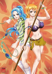  2girls black_bra blue_hair bra bracelet breasts dirty highres holding holding_polearm holding_weapon jewelry large_breasts multiple_girls nami_(one_piece) navel nefertari_vivi one_piece orange_eyes orange_hair polearm ponytail purple_eyes rider_(orange_couture) shirt skirt striped_clothes striped_shirt torn_clothes underwear weapon yellow_skirt 