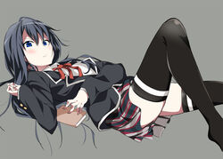  1girls angry arms_up artist_request blush female female_only head_up laying_down legs_up long_hair looking_at_viewer my_teen_romantic_comedy_snafu ribbon school_uniform skirt solo stockings tagme uniform yukinoshita_yukino 