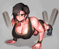  beauty_mark_under_eye big_breasts binah black_eyes black_hair cleavage lobotomy_corporation morchkins project_moon push-up queen_getting_fit sportswear sweat training 