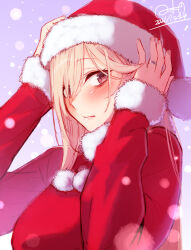  blush breasts closed_mouth commentary_request dated female fur-trimmed_headwear fur-trimmed_sleeves fur_trim hair_between_eyes hat highres hinomoto_madoka jewelry large_breasts light_brown_hair long_hair long_sleeves looking_at_viewer original red_eyes red_shirt ring santa_costume santa_hat shirt snow solo 