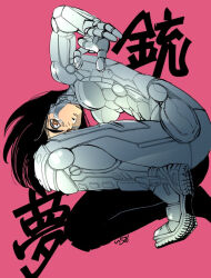  alita battle_angel_alita black_hair bodysuit breasts brown_eyes cyberpunk cyborg facial_mark female ichi_orgin lips looking_at_viewer mechanical_arms medium_breasts science_fiction short_hair simple_background skin_tight solo 