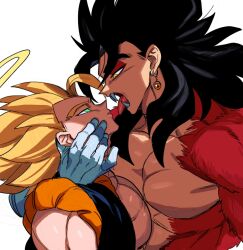  2boys black_hair blue_eyes body_fur commentary dragon_ball dragon_ball_heroes dragon_ball_z earrings fangs gloves gogeta halo hand_around_neck jewelry long_hair metamoran_vest monkey_boy multiple_boys muscular muscular_male nanika_(nnkgh) no_nipples open_mouth parted_lips potara_earrings red_fur simple_background single_bang spiked_hair super_saiyan super_saiyan_1 super_saiyan_4 tongue tongue_out vegetto_(xeno) white_background yaoi yellow_eyes 