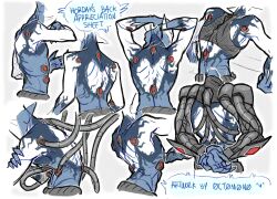  0ct0m0n0 blue_body faceless_character faceless_humanoid faceless_male hands_behind_back hands_behind_head hi_res humanoid humanoid_pointy_ears male rear_view side_view simple_background sketch_page solo white_background white_body 