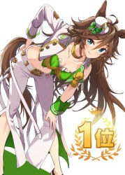  ahoge animal_ears breasts brown_hair choker cleavage closed_mouth crop_top female green_eyes green_shirt hair_ornament hairclip hand_on_own_hip hand_on_own_knee horse_ears jacket leaning_forward long_hair long_sleeves looking_at_viewer misu_kasumi mr._c.b._(umamusume) navel pants shirt shoes single_sleeve single_wrist_cuff small_breasts smile solo standing umamusume umamusume:_party_dash white_jacket white_pants wrist_cuffs 