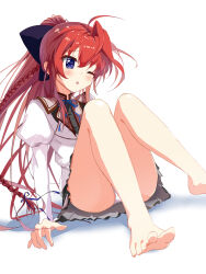  ;o absurdres ahoge arm_at_side bare_legs barefoot black_bow blue_eyes blue_ribbon blush bow braid commentary_request feet female foot_out_of_frame foreshortening frilled_skirt frills frown hair_between_eyes hairbow highres huge_bow inui_sana juliet_sleeves knees_together_feet_apart knees_up legs levanting long_hair long_sleeves looking_down mashiroiro_symphony neck_ribbon one_eye_closed panties panty_peek ponytail puffy_sleeves raised_eyebrows red_hair ribbon school_uniform shirt sidelocks simple_background single_braid single_hair_intake sitting skirt solo spread_toes toenails toes underwear very_long_hair white_background white_panties white_shirt white_skirt 