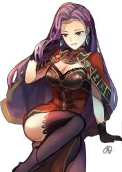  blue_gemstone breasts cape circlet cleavage diamond_earrings earrings female fire_emblem fire_emblem_echoes:_shadows_of_valentia gem gloves highres jewelry large_breasts long_hair purple_eyes purple_hair solo sonya_(fire_emblem_gaiden) tarayuki thighhighs tiara 