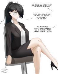  black_hair blazer breasts chair cleavage collared_shirt crossed_legs dress_shirt drooling english_text eroborne female glasses green_eyes high_heels high_ponytail highres hypnosis jacket large_breasts long_hair mind_control office_chair office_lady open_clothes open_jacket original parted_bangs partially_unbuttoned pencil_skirt rolling_eyes saliva shirt sitting skirt solo swivel_chair translation_request white_background 