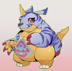  animal_skin anthro bandai_namco belly belly_markings bluecard916 claws digimon digimon_(species) fur gabumon hi_res horn male markings overweight red_eyes solo striped_body striped_fur stripes yellow_body 