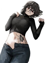  black-framed_eyewear black_hair black_sweater cross cross_necklace denim female glasses highres hunter_x_hunter inverted_cross jeans jewelry long_sleeves looking_at_viewer midriff navel necklace open_pants pants raberu_ruru shizuku_murasaki short_hair simple_background solo spider_tattoo stomach_tattoo sweater tattoo white_background 