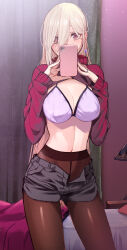  absurdres bed blanket blush bra breasts cellphone cleavage commentary_request curtains earrings female hair_between_eyes highres hinomoto_madoka holding holding_phone indoors jewelry large_breasts light_brown_hair linea_alba long_hair long_sleeves looking_at_viewer original pantyhose phone purple_bra red_eyes red_sweater ring selfie short_hair smartphone solo standing sweater taking_picture underwear very_long_hair 