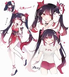  bare_shoulders black_hair breasts buruma clothes_writing doll dress female fox_mask hair_ribbon highres holding holding_doll holding_mask honkai:_star_rail honkai_(series) japanese_clothes kino-cands long_hair mask mask_on_head multiple_views red_buruma red_dress red_eyes red_ribbon ribbon shirt small_breasts sparkle_(doll)_(honkai:_star_rail) sparkle_(honkai:_star_rail) toes tongue tongue_out translation_request twintails white_background white_shirt 