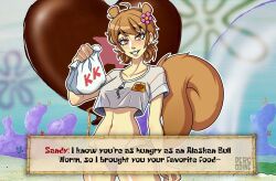  animal_ears artist_name bag breasts brown_eyes brown_hair buck_teeth character_name crop_top dialogue_box english_text female flower freckles hair_flower hair_ornament highres holding holding_bag humanization looking_at_viewer medium_breasts panties paper_bag percodine pink_flower purple_panties sandy_cheeks shirt short_hair short_sleeves solo spongebob_squarepants_(series) squirrel_ears squirrel_girl squirrel_tail tail teeth underwear white_shirt 