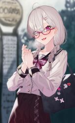  ahoge blush bow braid breasts female glasses grey_hair gurumyuu hair_ornament hair_over_one_eye highres long_hair looking_at_viewer mole mole_under_eye nijisanji open_mouth purple_eyes school_uniform serafuku shirt skirt solo sukoya_kana sukoya_kana_(3rd_costume) twintails virtual_youtuber white_hair 