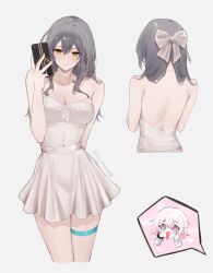  +_+ 2girls absurdres backless_dress backless_outfit bare_arms bare_back bare_shoulders bow cellphone chibi cropped_legs dress feint721 grey_bow grey_hair hairbow highres holding holding_phone honkai:_star_rail honkai_(series) long_hair march_7th_(honkai:_star_rail) multiple_girls multiple_views phone pink_hair short_dress smartphone smile standing stelle_(honkai:_star_rail) strapless strapless_dress thigh_strap trailblazer_(honkai:_star_rail) white_dress yellow_eyes 