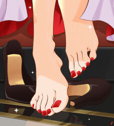  absurdres artist_logo barefoot english_commentary feet feet_only female floating_clothes foot_focus high_heels highres himeko_(honkai:_star_rail) honkai:_star_rail honkai_(series) mohoshadream nail_polish red_nails reflective_floor shoes solo sparkling_aura standing standing_on_one_leg stiletto_heels tiptoes toenail_polish toenails toes unworn_shoes 