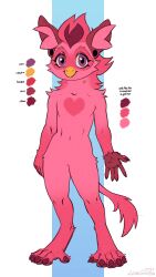  anthro beak furby_(species) glistening glistening_body hair heart_symbol hi_res lostgoose male model_sheet pink_body pink_eyes pink_hair simple_background solo tunnel_piercing 