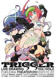  2023 3girls ahoge aiming anime_coloring ankle_boots ankle_socks aqua_bikini aqua_eyes bare_arms bare_shoulders belt belted_shorts bikini bikini_top_only black_bikini black_boots black_bow black_gloves black_socks blue-tinted_eyewear blue_hair bone_print boots bow breasts bright_pupils buttons character_name closed_mouth collared_vest company_name cropped_vest crossed_arms dated dot_nose double-parted_bangs drill_hair dual_wielding elbow_gloves english_text explosive eyewear_on_head finger_on_trigger fingerless_gloves frag_(trigger) gas_mask glint gloves green-tinted_eyewear grenade gun hairbow half_updo handgun high_collar highres holding holding_knife horizontal-striped_bikini huge_ahoge knife leg_belt leg_up lens_flare light_blush long_hair looking_at_viewer luluco mascot mask medium_breasts midriff multicolored_bikini multiple_girls muzzle_(trigger) narrow_waist navel night_vision_device official_art open_clothes open_vest orange-tinted_eyewear paint_on_body pocket popped_collar red_hair rifle rimless_eyewear running safety_glasses second-party_source short_hair short_shorts shorts sig_p220/p226 simonori simple_background skinny smile socks sparkle spring_(trigger) striped_bikini striped_clothes swimsuit thigh_strap thighhighs tinted_eyewear trigger-chan trigger_(company) twin_drills two-tone_bikini uchuu_patrol_luluco unzipped very_long_hair vest weapon weapon_request white_background white_belt white_bikini white_boots white_pupils white_shorts white_thighhighs white_vest 