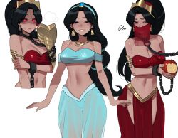  absurdres aladdin_(movie) apple arabian_clothes bare_shoulders black_hair braid breasts chain_leash chains cleavage collar dark-skinned_female dark_skin earrings female food fruit highres holding jasmine_(disney) jewelry leash long_hair looking_at_viewer metal_collar midriff navel necklace pants ponytail ratatatat74 red_eyes skirt smile standing white_background 