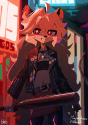  2024 absurd_res ahoge anthro baseball_bat bat_(object) clothed clothed_anthro clothed_female clothing digital_media_(artwork) el-k female female_anthro fur hair hi_res jacket jewelry kemono mammal midriff mouse murid murine necklace rodent solo tail topwear whiskers 