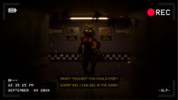  16:9 3d_(artwork) anthro camera_view canid canine canis checkered checkered_floor clothed clothing dark_room digital_media_(artwork) english_text female five_nights_at_freddy&#039;s five_nights_at_freddy&#039;s:_security_breach glowing glowing_eyes hi_res looking_at_viewer mammal maniac_ed roxanne_wolf scottgames solo standing steel_wool_studios subtitled text widescreen wolf 