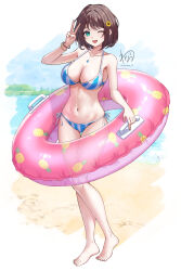  bare_shoulders beach bikini blue_bikini blush bracelet breasts brown_hair cleavage collarbone female flower hair_flower hair_ornament highres holding holding_swim_ring innertube jewelry large_breasts looking_at_viewer navel necklace ocean one_eye_closed open_mouth original pink_innertube sand short_hair smile solo stomach striped_bikini striped_clothes swim_ring swimsuit v wanatsu_15 water white_bikini 
