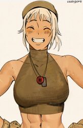  abs bare_shoulders blush breasts closed_eyes crop_top dark-skinned_female dark_skin facing_viewer fangs female gloves grin hat highres jewelry medium_breasts midriff military mole mole_on_shoulder muscular muscular_female navel necklace nika_(usergore) oerba_yun_fang original short_hair simple_background sleeveless smile smug solo sports_bra tan tank_top teeth tomboy toned ukraine upper_body usergore white_hair 