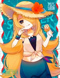  :p black_eyes blonde_hair blue_sarong brown_hat crop_top cynthia_(pokemon) cynthia_(summer_2025)_(pokemon) female flower food food_on_face hair_over_one_eye hat hat_flower highres holding holding_ice_cream_cone ice_cream ice_cream_cone ice_cream_on_face looking_at_viewer lovefumiki midriff navel official_alternate_costume pokemon pokemon_masters_ex sarong solo sun_hat tongue tongue_out 