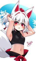  :o absurdres animal_ears armpits black_shirt blush bow breasts commentary_request crop_top female hair_intakes hat highres inubashiri_momiji looking_at_viewer looking_to_the_side midriff navel open_mouth pokopoko_ponzu pom_pom_(clothes) red_bow red_eyes red_hat shirt short_hair sleeveless sleeveless_shirt small_breasts solo sweat tail tokin_hat touhou tying_hair upper_body white_background white_hair wolf_ears wolf_girl wolf_tail 