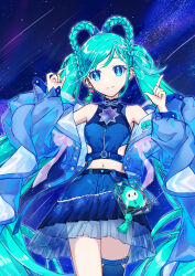  aqua_hair asymmetrical_legwear blue_eyes blue_jacket blue_skirt blue_thighhighs braid breasts closed_mouth crop_top earrings female hair_ornament hatsune_miku heart heart_earrings highres jacket jewelry long_hair looking_at_viewer magical_mirai_(vocaloid) magical_mirai_miku magical_mirai_miku_(2025) medium_breasts midriff navel official_alternate_costume official_alternate_hairstyle skirt smile solo star_(symbol) star_hair_ornament stomach thighhighs twin_braids twintails very_long_hair vocaloid yohki 