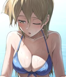  bikini blue_bikini breasts brown_eyes brown_hair female large_breasts one_eye_closed rourou_ill simple_background solo swimsuit tenjouin_asuka upper_body wet white_background yu-gi-oh! yu-gi-oh!_gx 