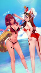  2girls animal_ears artist_request ass back beach bikini breasts cleavage day dice_hair_ornament eyewear_on_head facing_another flower food hair_flower hair_ornament hakos_baelz hakos_baelz_(holonatsu_paradise) heterochromia highres hololive hololive_english holonatsu_paradise horns innertube irys_(hololive) irys_(holonatsu_paradise)_(hololive) koikatsu_(medium) long_hair looking_at_viewer mouse_ears mouse_girl mouse_tail multicolored_hair multiple_girls navel ocean official_alternate_costume outdoors pointy_ears popsicle purple_hair red_bikini sky smile streaked_hair sunglasses swim_ring swimsuit tail virtual_youtuber water white_hair 