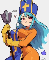  :t alt_text blue_hair blue_hat blue_tabard bodysuit breasts copyright_name cowboy_shot dragon_quest dragon_quest_iii english_commentary female gloves gold_trim hat heart highres holding holding_staff long_hair looking_to_the_side lunchiblz medium_breasts mitre orange_bodysuit pout priest_(dq3) red_eyes slime_(dragon_quest) solo staff tabard white_background yellow_gloves 