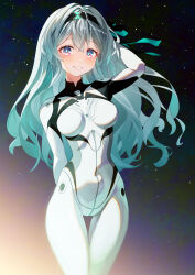  absurdres arm_behind_back arm_up blush bodysuit breasts commission covered_navel female firefly_(ar-26710)_(honkai:_star_rail) firefly_(honkai:_star_rail) gradient_hair green_hair grey_hair hair_between_eyes hair_ornament hairband highres honkai:_star_rail honkai_(series) long_hair looking_at_viewer mecha_pilot_suit medium_breasts multicolored_hair nepenera official_alternate_costume parted_lips pink_eyes pixiv_commission sky smile solo star_(sky) starry_sky white_bodysuit 
