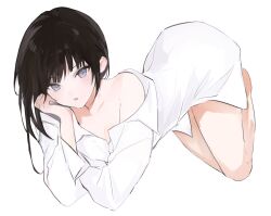  bare_legs barefoot black_hair collared_shirt dress_shirt female grey_eyes long_hair long_sleeves looking_at_viewer lpip naked_shirt original parted_lips shirt simple_background solo white_background white_shirt wide_sleeves 